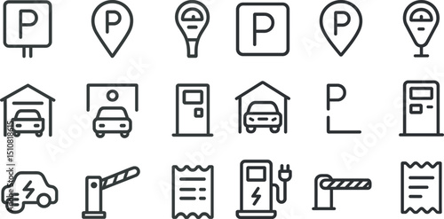 Set of minimalist parking and electric vehicle icons for design projects