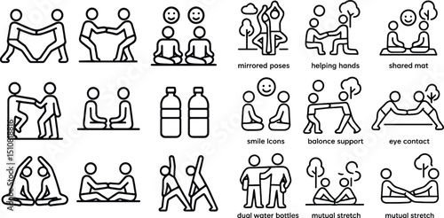 Yoga poses and wellness icons for fitness and balance concepts