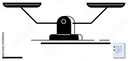 Balanced scale standing prominently with a legal document nearby. Ideal for justice, equality, law, legality, decision-making, ethical judgment, and fairness concepts. Perfect for a simple landing