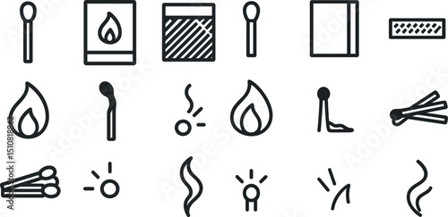 Minimalist matchstick and flame icon set for design projects