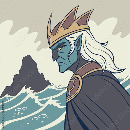 Illustration of a Sea King with Crown and Cape Overlooking the Ocean