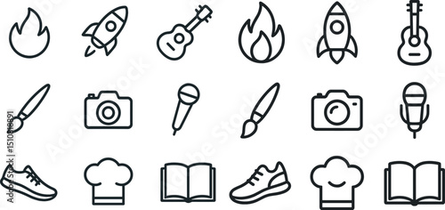 Icon set featuring fire, rocket, guitar, camera, microphone, shoe, chef hat, and book