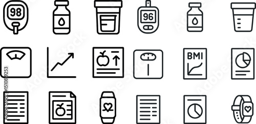 Health monitoring and fitness icons for medical and wellness applications