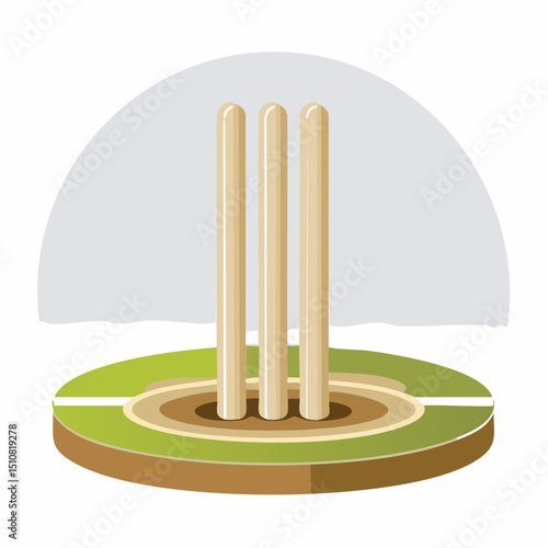 Cricket Wickets Illustration: Beige Wooden Stumps on Green Field