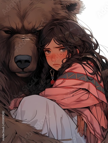 Young woman with sad expression, twin braids, standing with brown bear.