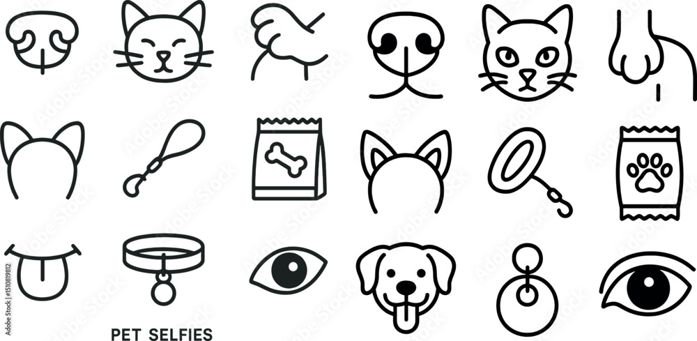 Fototapeta premium Cute pet selfies and outline icons for fun design projects