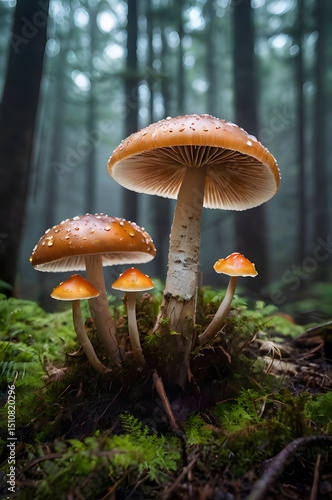 Wallpaper Mural Mushroom family in a foggy forest: A cluster of vibrant mushrooms thrive in a misty forest. The image captures the essence of the forest floor's natural beauty. Torontodigital.ca