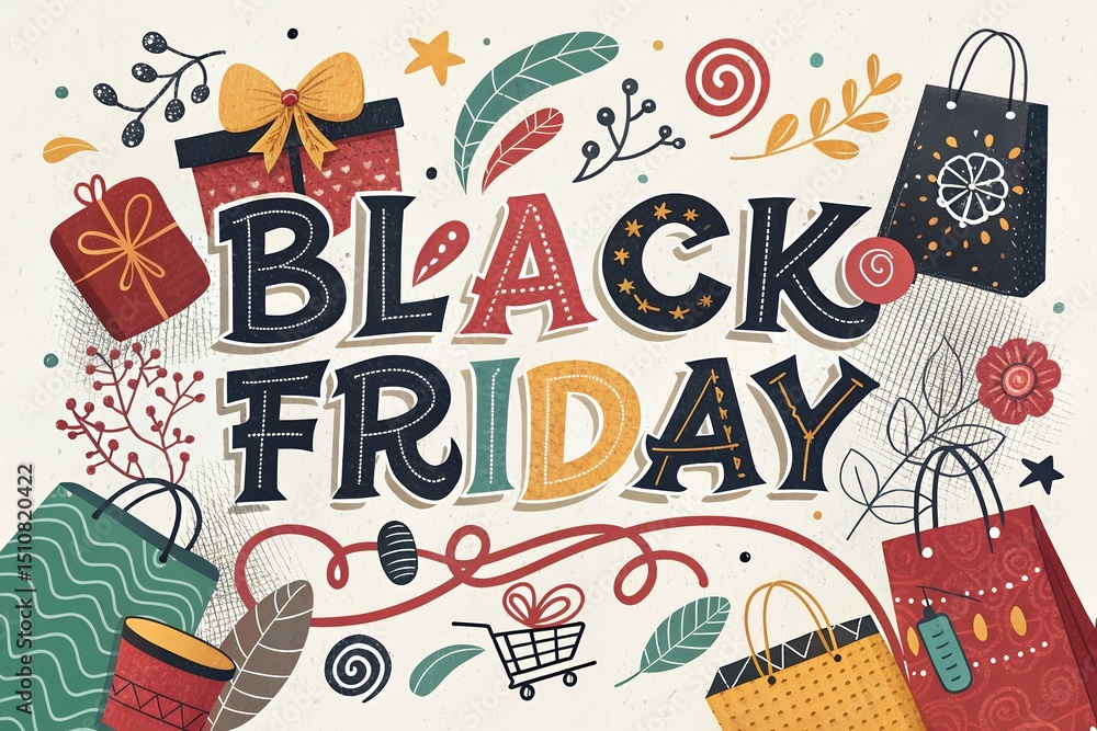 Obraz premium Hand-Drawn Black Friday Sale Poster Festive Design with Gifts and Shopping Bags