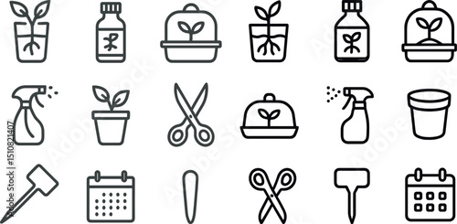 Gardening and plant care icons for spring projects and home decor
