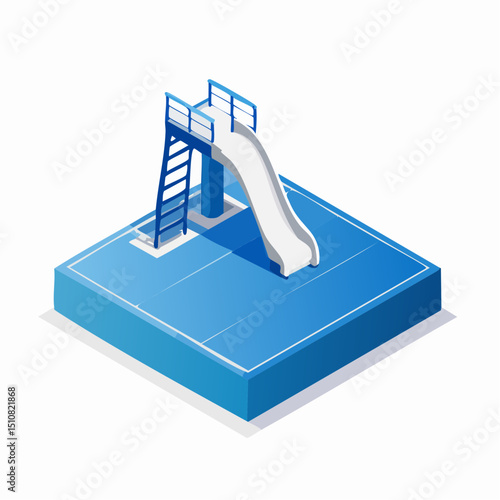 Isometric Illustration of a Blue Waterslide and Pool