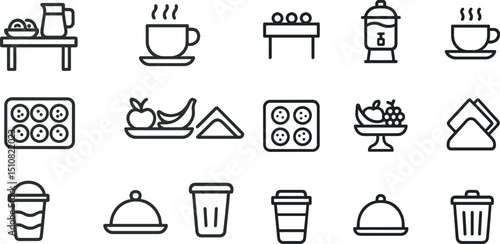 Breakfast icons set featuring coffee, fresh fruit, and kitchenware designs