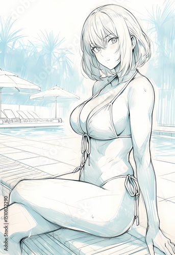 Woman illustration, lounging by pool, wearing bikini, relaxed summery vibe, anime style.