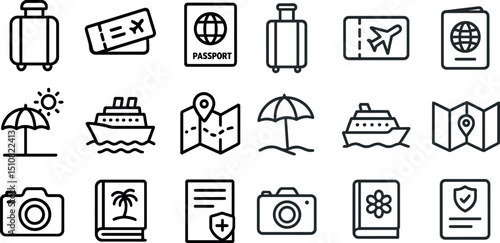 Travel icons set featuring passport, luggage, and vacation essentials