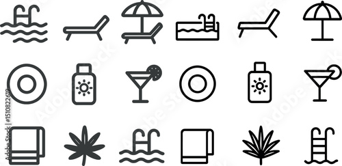 Summer icons set with pool, cocktail, and beach elements