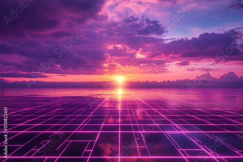 Purple vaporwave grid fading into digital sunset