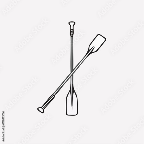 Pair of Wooden Paddles Crossed, Black and White Line Art Illustration
