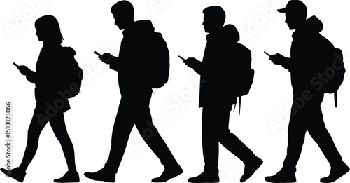 Silhouettes of four people walking and looking at their phones with backpacks on a white background