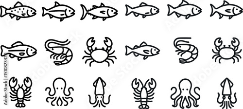 Marine life icon set featuring fish, crustaceans, and cephalopods for design use