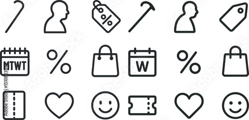 Minimalist icons set for shopping, calendar events, and emotion expressions design
