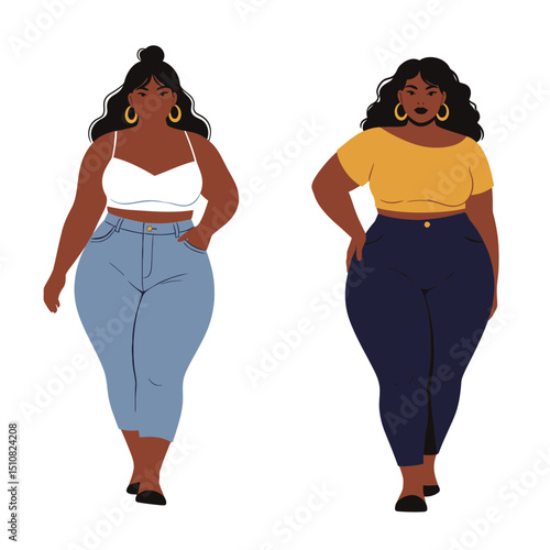 Two Confident Plus Size Women Walking Forward in Casual Stylish Outfits on a White Background