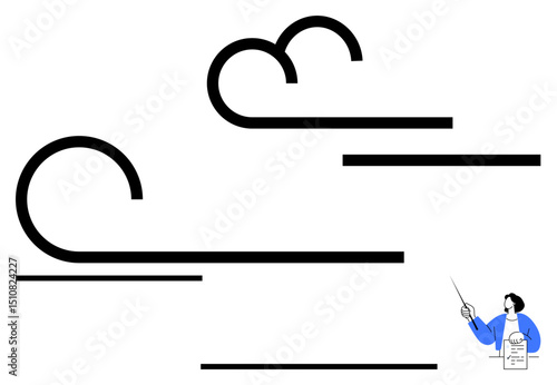 Curved abstract lines symbolizing wind flow. Individual with a pointer and document emphasizes understanding and learning. Ideal for education, science, explanation, teaching, presentations