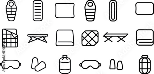 Camping gear icons set featuring sleeping bags, pads, and sleeping masks