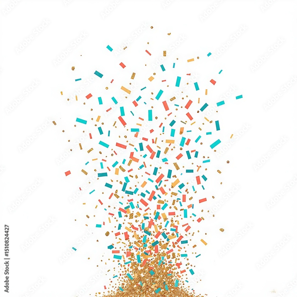 Fototapeta premium 🔹 Celebration Confetti Splash 🔹 A vibrant vertical confetti explosion mixes gold, coral, teal, and orange in a joyful celebration. A perfect fit for invitations, AI-generated image