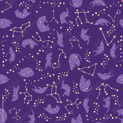 Mystical seamless pattern of cats in boho style, silhouette collection. Esotericism and mysticism, occultism. Cartoon flat vector illustrations, isolated