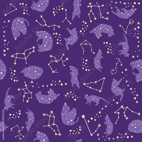 Mystical seamless pattern of cats in boho style, silhouette collection. Esotericism and mysticism, occultism. Cartoon flat vector illustrations, isolated