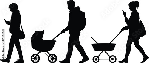 Silhouettes of people walking with strollers and using phones on a white background in a row format