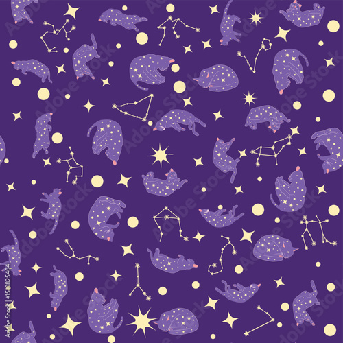 Mystical seamless pattern of cats in boho style, silhouette collection. Esotericism and mysticism, occultism. Cartoon flat vector illustrations, isolated