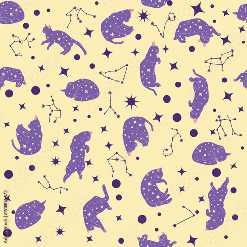 Mystical seamless pattern of cats in boho style, silhouette collection. Esotericism and mysticism, occultism. Cartoon flat vector illustrations, isolated