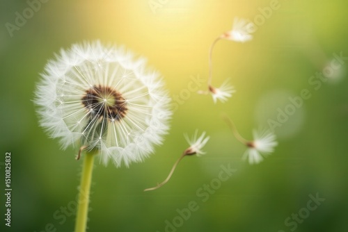 Dandelion seeds drifting in serene sunrise