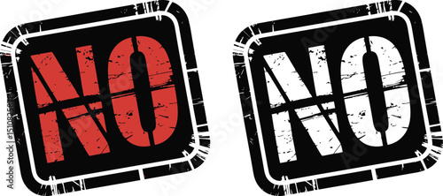 A red no text inside a black square with a white outline on a white background with grunge effects