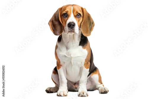Cute Beagle Dog Sitting and Looking Forward Isolated on Transparent Background
