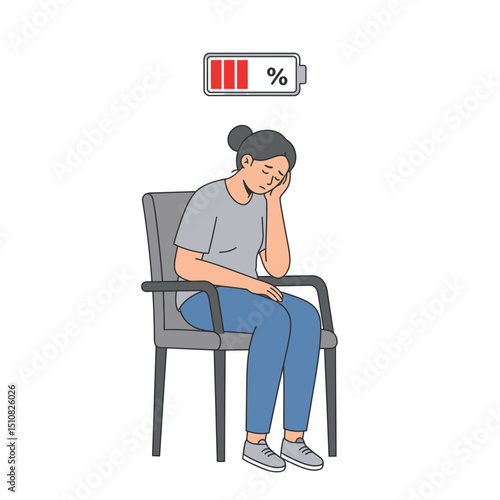 Burnout illustration of a tired woman with low energy sitting in a chair needing rest and recharge her battery