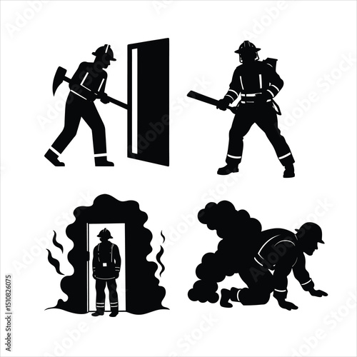 Dynamic Firefighter Silhouettes Hose in Hand, Axe Swinging, Child Rescues—All Boldly Rendered on White
