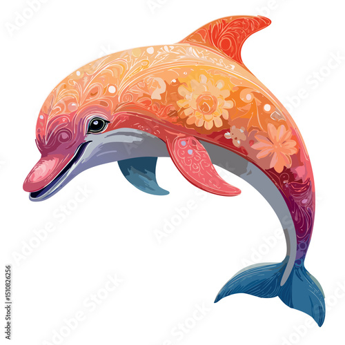 A whimsical intricately patterned dolphin full body image inspired by folk art revival