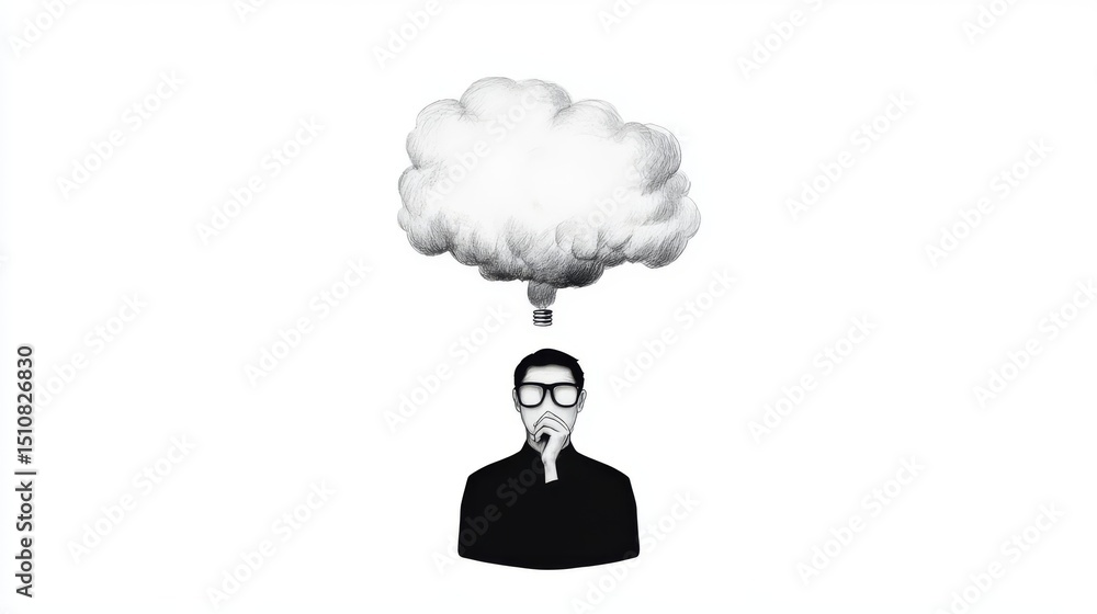 Silhouette of a thinking man with a cloud above his head, symbolizing creativity and contemplation in modern life. Silhouette of a thinking man with a cloud above his head, symbolizing creativity and contemplation in modern life.