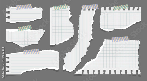 Set of pieces of torn sheets of paper glued with tape. Vector illustration of paper cutouts with torn edges.