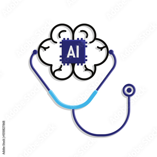 Automation icon. AI in Healthcare.AI brain and stethoscope. Depicts technology, future, artificial intelligence. Mixed design style