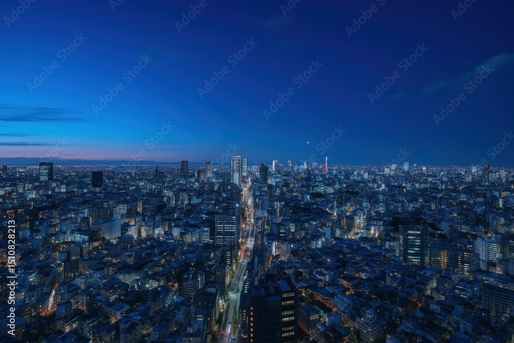Obraz premium 夜景都市の街並み、高層ビル群の光、都会の風景背景素材