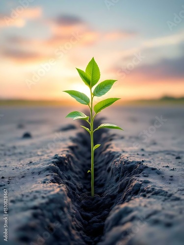 🔹 New Beginnings 🔹
A single green sprout rises from dry cracked earth, reaching toward a glowing sunrise. This powerful, emotional scene speaks of hope, growth, and AI-generated image