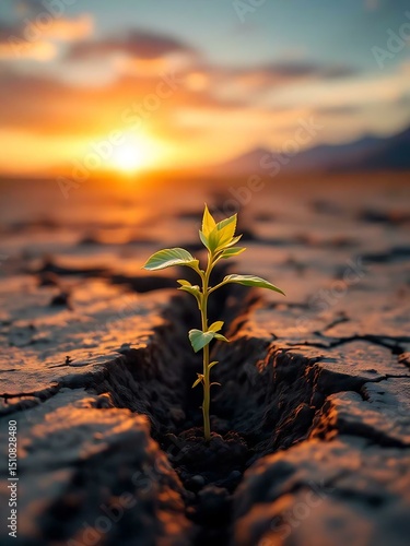 🔹 Hope in the Cracks 🔹
A symbol of resilience and life, this photograph captures a young green sprout emerging from cracked earth under a glowing sunset. The contrast between AI-generated image