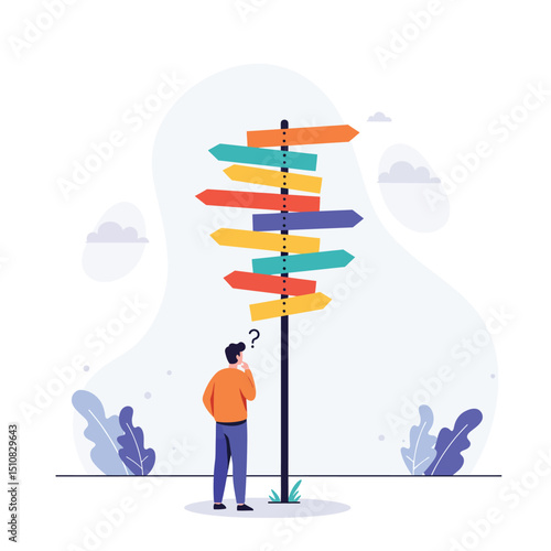 Man Confused at Crossroads with Many Directional Sign Arrows Decision Making and Dilemma Flat Vector Illustration
