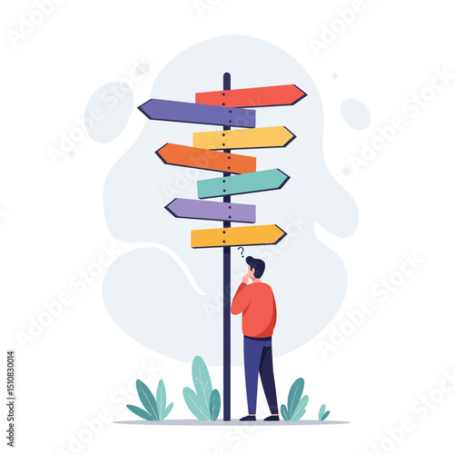 Confused Man Standing at a Crossroads with a Signpost Showing Different Directions and Thinking About the Right Path