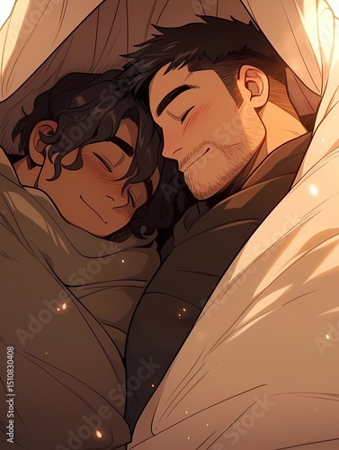 Two individuals share cozy moment under blanket, smiling, facial hair, brown shirts, warm comfortable setting
