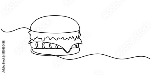 Continuous one line drawing of burger. Single line drawing of hamburger, Minimalist food concept isolated on white background.                                   
