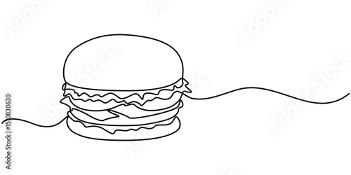 Continuous one line drawing of burger. Single line drawing of hamburger, Minimalist food concept isolated on white background.                                   