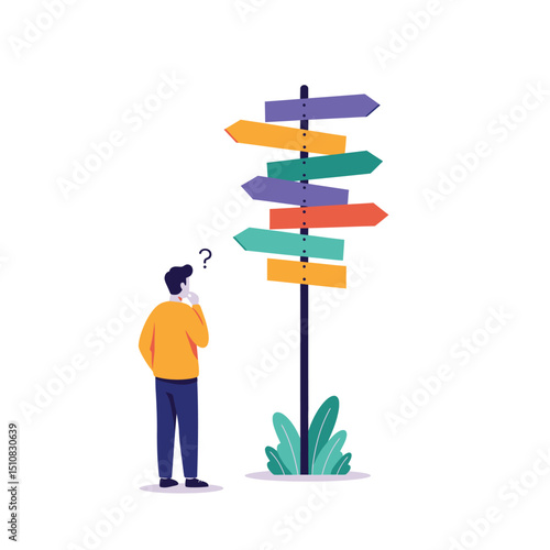 Man Standing Before a Signpost with Many Arrows Contemplating Which Direction to Take in Life and Career